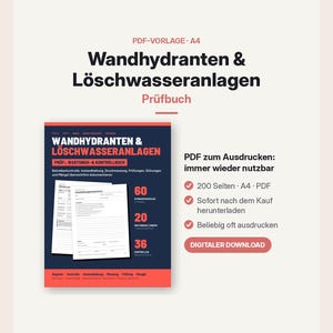 Puede incluir: Un libro de registro digital en PDF para bocas de incendio y sistemas de extinción. La portada azul oscuro con detalles rojos muestra el texto Wandhydranten & Löschwasseranlagen. Incluye 200 páginas en formato A4.