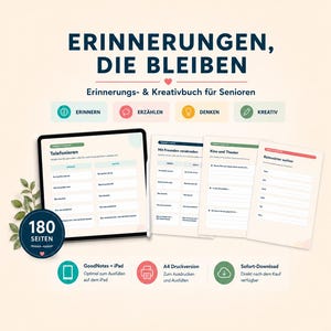 Könnte beinhalten: Ein Erinnerungs- und Kreativbuch für Senioren mit 180 Seiten, das zum Erinnern, Erzählen, Denken und Kreativsein anregt. Dargestellt sind ein Tablet und A4-Druckseiten mit Überschriften wie Telefonieren, Kino und Theater sowie Reimwörter suchen.