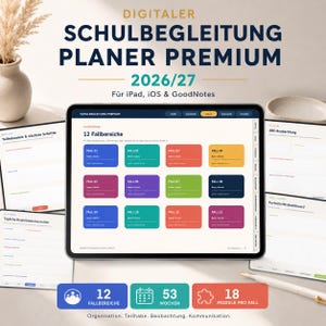 Op de afbeelding: Een digitale planner voor schoolbegeleiding getiteld DIGITALER SCHULBEGLEITUNG PLANER PREMIUM 2026/27 voor iPad, iOS en GoodNotes. Het scherm toont een dashboard met 12 gekleurde secties, naast pagina's voor dagelijkse documentatie en voortgang.