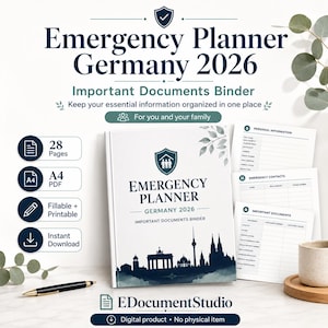 Könnte beinhalten: Ein Emergency Planner Germany 2026 Ordner für wichtige Dokumente mit weißem Einband, einer dunkelblauen Silhouette der Berliner Skyline und einem Schild-Symbol. Das Set enthält 28 Seiten im A4-PDF-Format, die ausfüllbar und druckbar sind.