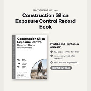 Könnte beinhalten: Ein druckbares PDF-Handbuch zur Kontrolle der Silikastaubexposition im Bauwesen. Das Cover zeigt den Titel, 15 Arbeitspakete, 10 Überwachungsprotokolle, 12 Kontrollprüfungen und ein Foto eines Arbeiters, der eine Säge bedient.