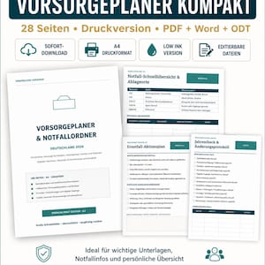 Puede incluir: Un paquete de planificador digital titulado VORSORGEPLANER KOMPAKT, que incluye un documento imprimible A4 de 28 páginas en formatos PDF, Word y ODT. Contiene secciones para contactos de emergencia, información médica, finanzas y planificación.