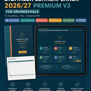 Könnte beinhalten: Ein digitaler Lehrerplaner für das Schuljahr 2026/27 mit dunkelblauem Einband, einem Tablet-Bildschirm mit interaktivem Dashboard und Navigationssymbolen sowie einer weißen Klassenliste. Der Text lautet Digitaler Lehrerplaner 2026/27 Premium V3.