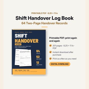 Puede incluir: Un libro de registro de cambio de turno en descarga digital con cubierta azul oscuro y texto amarillo. La cubierta muestra el título Shift Handover Log Book, 64 entregas, 52 controles semanales y 12 revisiones mensuales, 201 páginas, 20,96 x 27,94 cm.