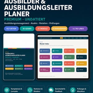 May include: A digital planner for trainers and training managers titled "DIGITALER AUSBILDER & AUSBILDUNGSLEITER PLANER PREMIUM UNDATIERT". The interface features a dark blue background with colourful navigation buttons, a master index, and sections for management, rotation, and exams.