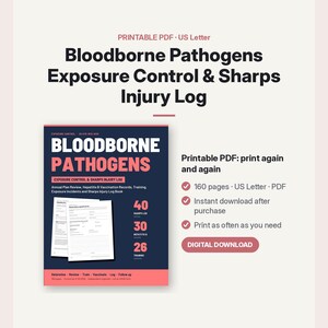 Könnte beinhalten: Ein druckbares PDF-Dokument mit dem Titel Bloodborne Pathogens Exposure Control & Sharps Injury Log. Das Cover ist dunkelblau mit korallenrotem Text und umfasst 160 Seiten im US-Letter-Format mit Abschnitten für Schulungen und Vorfallprotokolle.