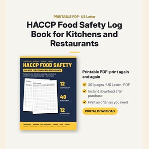 Könnte beinhalten: Ein druckbares PDF-HACCP-Lebensmittelsicherheits-Logbuch für Küchen und Restaurants. Der dunkelblaue Einband zeigt gelben Text, einschließlich des Titels und Abschnitten für Temperatur-, Liefer- und Reinigungsprotokolle. Es umfasst 201 Seiten.