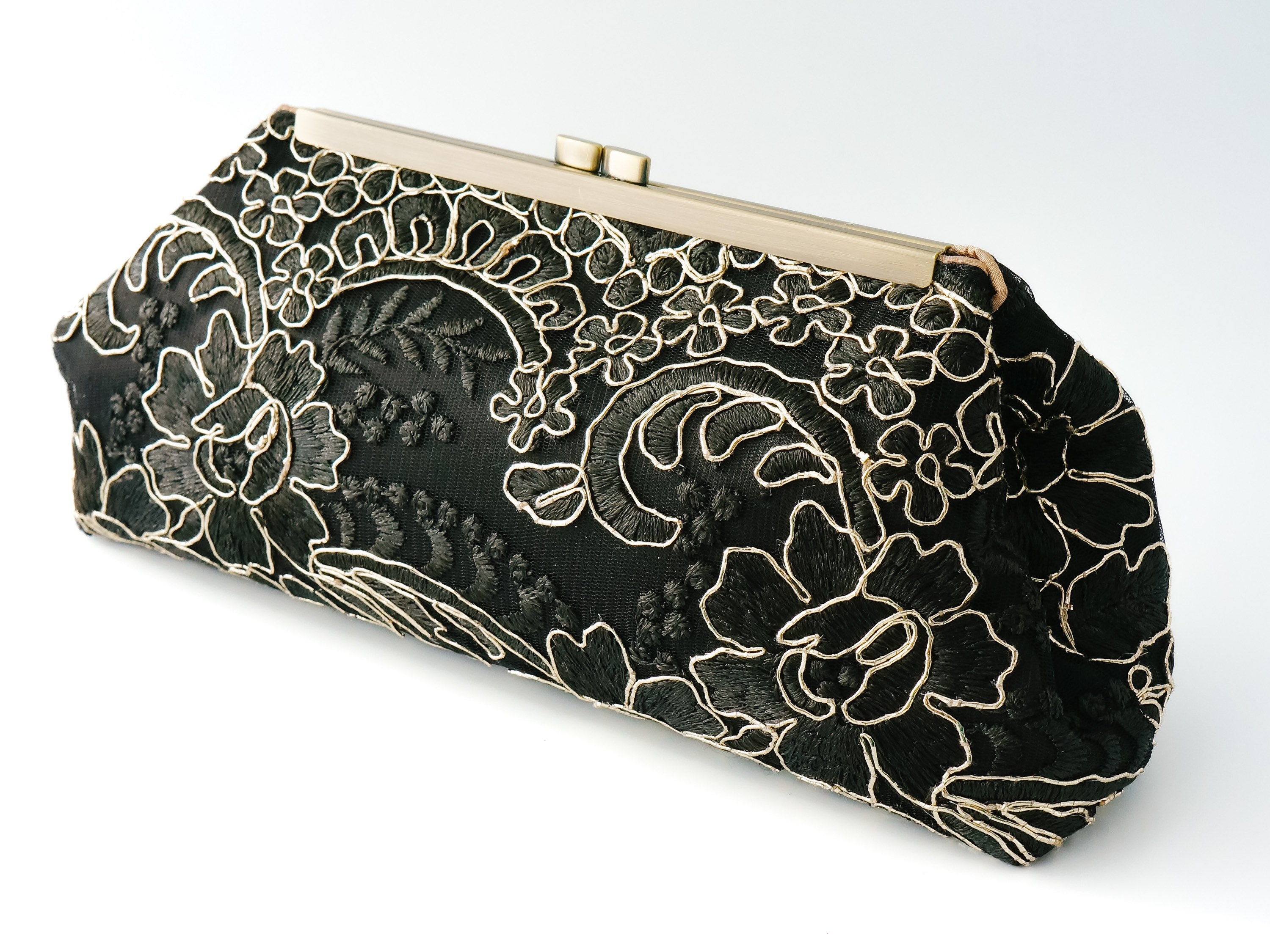 La Regale Peau de Soie Minaudiere with Floral Clasp - Black/Gold