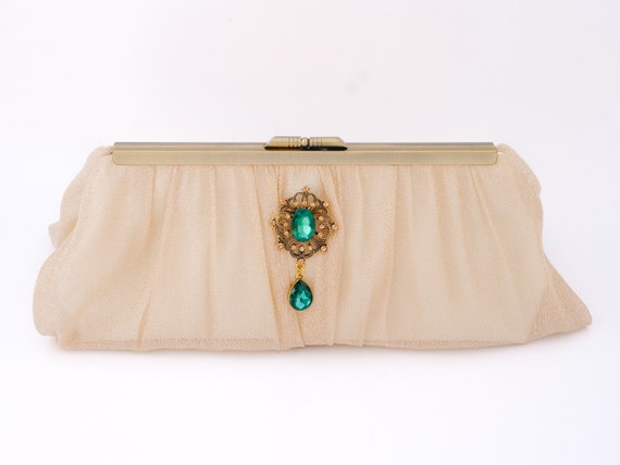 Gold Lace Bridal Clutch - Champagne  Wedding Clutch for Bride - Wedding Clutch - Emerald Pin - Old Hollywood - Vintage Inspired