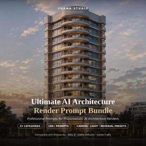 May include: A tall, multi-storey residential building with curved balconies and glass windows under a sunset sky. Text reads: FORMA STUDIO, Ultimate AI Architecture Render Prompt Bundle, Professional Prompts for Photorealistic AI Architecture Renders, 21 CATEGORIES, 100+ PROMPTS, CAMERA LIGHT MATERIAL PRESETS, Compatible with Midjourney DALL-E Stable Diffusion Adobe Firefly.