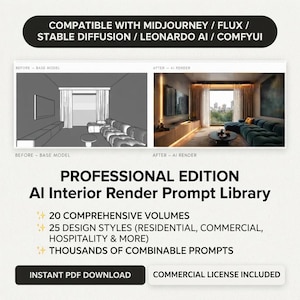 May include: A digital product titled Professional Edition AI Interior Render Prompt Library. It features a comparison of a base model sketch and an AI render of a living room, with text listing 20 volumes, 25 design styles, and thousands of prompts.