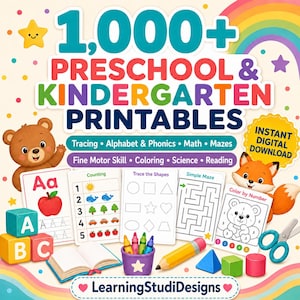 Op de afbeelding: Een digitale collectie getiteld 1,000+ Preschool & Kindergarten Printables met educatieve activiteiten zoals overtrekken, alfabet, fonetiek, wiskunde, doolhoven en kleuren, inclusief een beer, een vos, blokken, een potlood en een schaar.