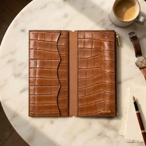 May include: A tan, rectangular leather wallet with a crocodile-embossed texture. The interior features multiple card slots on the left side and a zippered compartment on the right, with the word Maktub embossed in gold lettering.