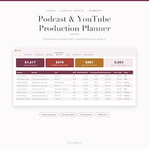 以下が含まれることがあります： Excel、Google Sheets、Numbers用のデジタルPodcast & YouTube Production Plannerスプレッドシートテンプレート。インターフェースには、スポンサー、コスト、ベンチマークのタブを備えたダッシュボードが表示され、収益やステータスを示すデータテーブルが含まれています。