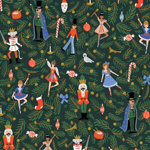 May include: A repeating pattern featuring illustrations of Christmas characters and ornaments on a dark green background. The design includes nutcrackers, ballerinas, toy soldiers, and candy canes, with gold accents and fir branches.