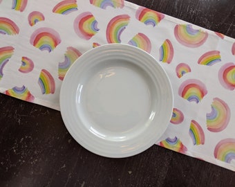 13" x 70" Watercolor Rainbows Modern Table Runner for Parties, Showers, Wedding, Nursery, Home Decor