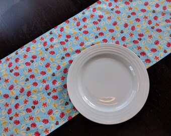 13" x 70" Fall Table Runner in Sky Blue with Falling Leaves / Modern Runner for Autumn Parties, Showers