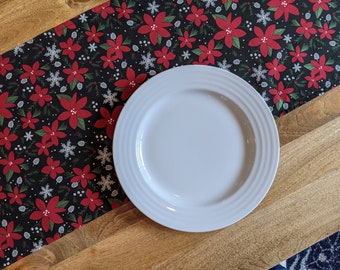 13" x 70" Riley Blake Red Poinsettias on Black Holiday Christmas Table Runner / Modern Runner for Parties, Christmas, Holidays