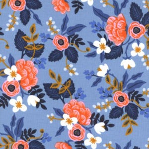 May include: A floral pattern featuring orange and pink roses, white flowers, and dark blue leaves on a light blue background. The design is a repeating pattern of botanical elements.