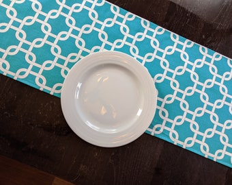 SHIPS TOMORROW! 13" x 70" Teal & White Gotcha Modern Table Runner for Parties, Showers, Home, Home Decor