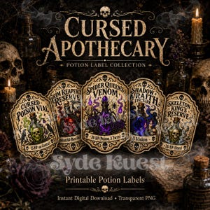 May include: A collection of five decorative potion labels titled Cursed Apothecary, featuring ornate borders and gothic illustrations. Labels include Cursed Poison Vial, Grim Reaper Reserve, Spider Queen's Venom, Shadow Wraith Tincture, and Skeleton King's Reserve with text detailing magical effects.