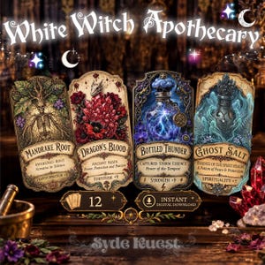 May include: A digital download set of four rectangular apothecary labels titled White Witch Apothecary, featuring detailed illustrations of Mandrake Root, Dragon's Blood, Bottled Thunder, and Ghost Salt with descriptive text and fantasy-themed stats.