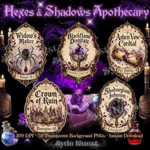 Puede incluir: Una colección digital de cinco etiquetas de boticario ornamentadas tituladas Hexes & Shadows Apothecary, con ilustraciones de una araña, un cáliz con llamas púrpuras, un pergamino, una corona y un espejo con texto gótico.