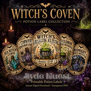 May include: A collection of five decorative potion labels featuring the text Witch's Coven Potion Label Collection. Each label displays unique illustrations including a cauldron, bottles, candles, and text such as Witch's Health Elixir.