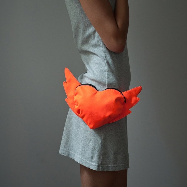 Flying Heart Bag Neon Orange Bag Heart Bag Purse Belt Bag Love Gift Hip Bag Club Kid Heart Shaped Bag Modern Small Party Bag Winged Heart