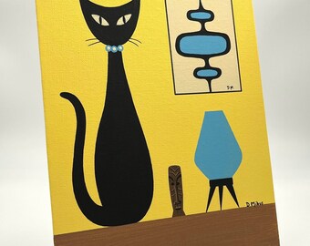 Acrylic Painting, Mid-Century Cat, Tabletop Cat, Mod Pods, Blue Beehive Lamp, Cat on Table, Donna Mibus