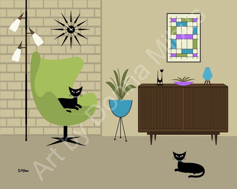 11/" X 14/" Print Mid Century Modern Retro Dogs Donna Mibus black lab cat Tiki