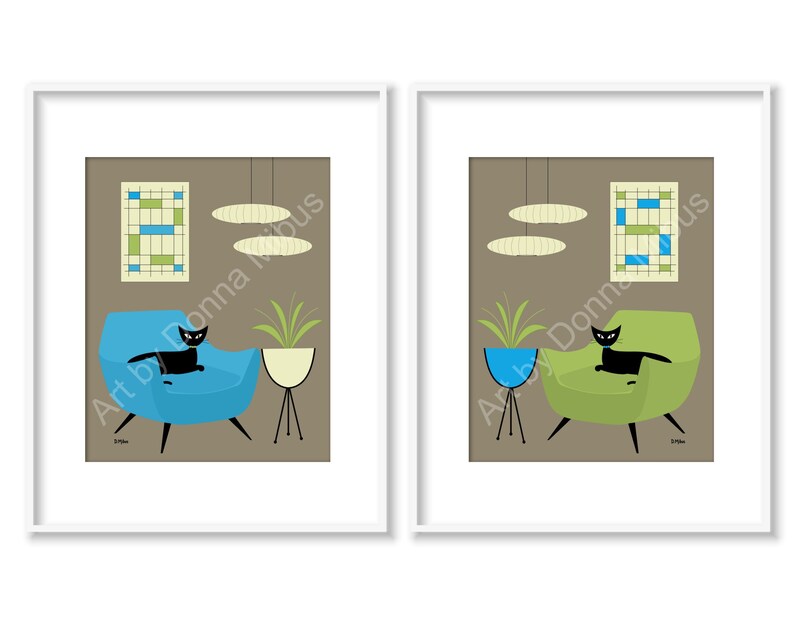 Mid Century Modern Art Print Henry Glass Chair George Nelson Bubble Pendant Lamps Bullet Planter Abstract Black Cat Blue Green