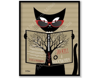 Mid Century Cat, Black Cat Print, Cat Reading Book, Cat Art, To Kill a Mockingbird, Donna Mibus