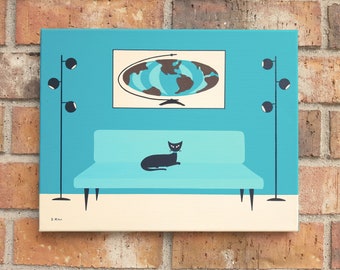 Acrylic Painting, Mid-Century Modern, World Map, Black Cat, Interior, Retro, Aqua Couch, Mid Century Room Scene, Teal