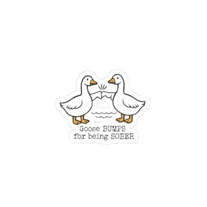 May include: A white sticker featuring two cartoon geese facing each other with orange beaks and feet. Between them is a small water graphic. Below the geese, the text reads: Goose BUMPS for being SOBER in a black, typewriter-style font.