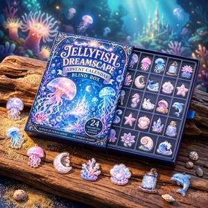 May include: A Jellyfish Dreamscape advent calendar blind box featuring 24 compartments filled with small ocean-themed charms. The box cover displays jellyfish, a castle, and the text Jellyfish Dreamscape Advent Calendar Blind Box.