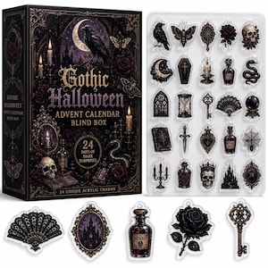 May include: A Gothic Halloween advent calendar blind box featuring 24 unique acrylic charms. The box displays text reading Gothic Halloween Advent Calendar Blind Box 24 Days of Dark Surprises. The charms include images of skulls, ravens, roses, and keys.