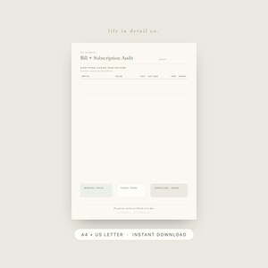 May include: A cream-coloured Bill + Subscription Audit planner page featuring sections for service, billed, cost, last used, keep, and cancel. It includes boxes for monthly total, yearly total, and cancelled-saved amounts, with text at the bottom.