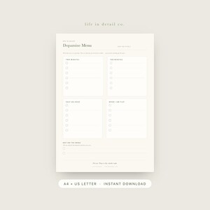 Puede incluir: Una página de planificador imprimible de color crema titulada Dopamine Menu con secciones para Two Minutes, Ten Minutes, Half an Hour, When I Am Flat y Not on the Menu. El diseño incluye casillas de verificación y líneas, con el texto life in detail co.