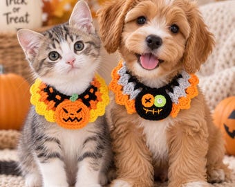 Handmade Crochet Halloween Pet Collar Dog Cat Costume Pumpkin Spooky Photo Prop Puppy Kitten Gift