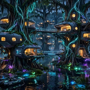 May include: A futuristic swamp settlement featuring modular, rounded dwellings integrated into large trees. The structures are connected by illuminated walkways, glowing with blue and purple neon lights, set above dark water with bioluminescent plants.