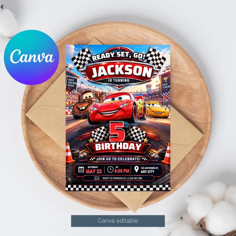 Cars Birthday Invitation, Kids Birthday Invitation, Lightning Mcqueen ...