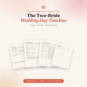 May include: A digital wedding planning document titled The Two-Bride Wedding Day Timeline, featuring 11 pages in US Letter size. The document includes sections like Your merge point, The backwards maths, How long things really take, and The parallel plan.