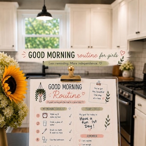 May include: A clear acrylic clipboard featuring a printed morning routine checklist for children. The chart includes sections for a morning checklist, daily focus, positive affirmations, and rewards, decorated with illustrations of plants and icons.