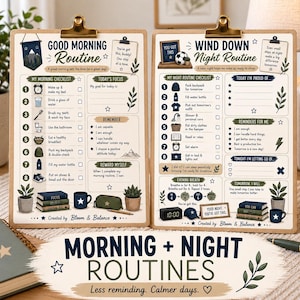 May include: Two wooden clipboards featuring printed daily routine checklists. The left board is titled Good Morning Routine with eight tasks and focus sections. The right board is titled Wind Down Night Routine with eight tasks and reflection prompts. Both include illustrations of plants, books, and stars.