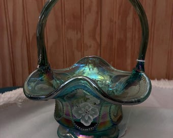 Fenton HP and signed carnival glass with flowers basket