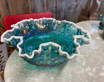 Fenton Spanish lace bowl in aqua marine.