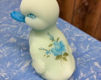 Fenton blue satin custard duck; hand painted blue roses with artist signature