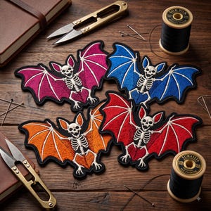May include: Four embroidered patches featuring a white skeleton bat design with wings in vibrant pink, blue, orange, and red. Each patch has a black border and detailed stitching. The patches are arranged on a surface with sewing tools and thread.