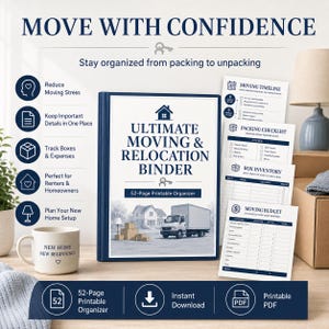 May include: A 52-page printable moving and relocation binder with a dark blue cover featuring a house and moving truck graphic. The set includes printed checklists for moving timelines, packing, box inventory, and budgets, plus a white mug with text.